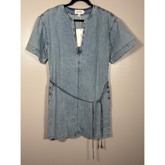 FRAME Dresses & Skirts - FRAME Breezy Denim Mini Dress Light Wash Blue Cotton V-Neck Belted XS KMDR029